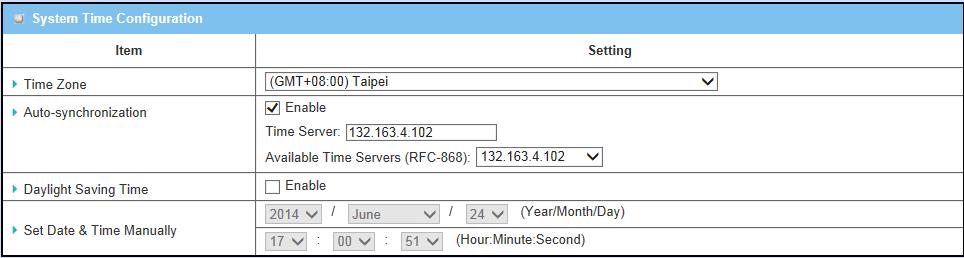 Besides, you can select a NTP time server to consult UTC time from the available list and by default, it is 132.163.4.102. c. Daylight Saving Time: Check the Enable checkbox to enable this function.