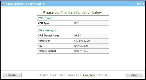 3. Configuring the VH-4GW Step 3-4: GRE If choosing GRE, please input tunnel name, IP address of remote GRE peer, Key ID and choose default gateway / remote subnet.