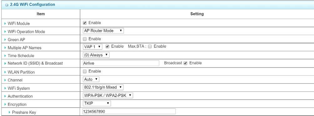 1. Wireless Module: Enable the wireless function. 2. Wireless Operation Mode: Choose AP Router Mode from the drop list. 3.