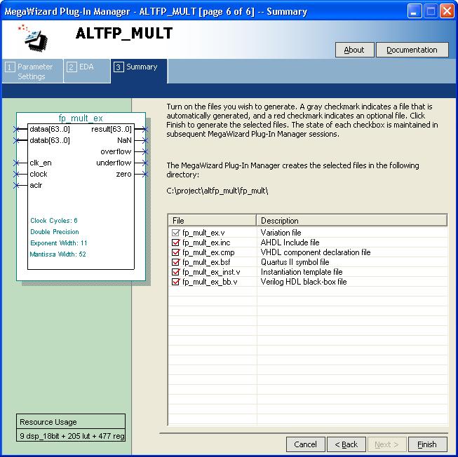 MegaWizard Customization Page 6 of the ALTFP_MULT MegaWizard Plug-In Manager displays the types of files to be generated.