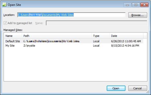 5. Change the Location path of a folder in your Z:\ drive (e.g. Z:\MySite). If the folder does not already exist, a new folder with that name will be created. 6.