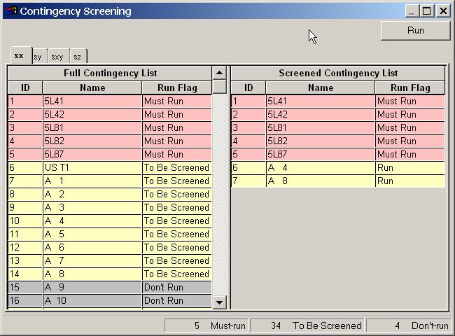 When the screening completes successfully, the screened contingency list is stored in the Screened Contingency file and a message indicating the completion of screening appears on the status bar at