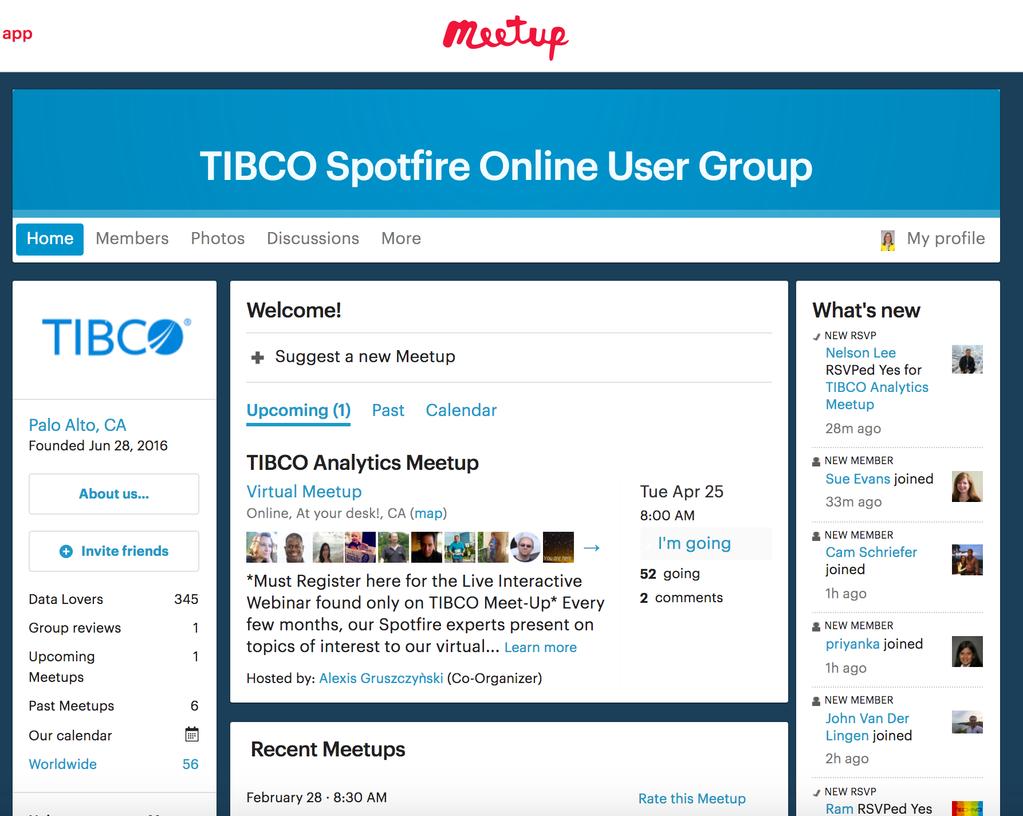TIBCO Analytics Meetup opportunities to learn and network http://www.meetup.