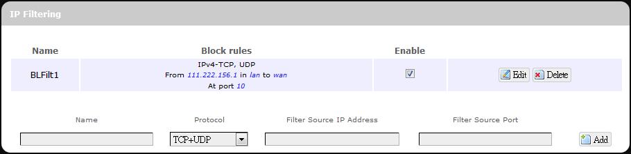 4. Filter Source Port: Enter the source port number to be filtered. 5. Click. The IP filtering rule you have just entered will be added to the IP Filtering list.