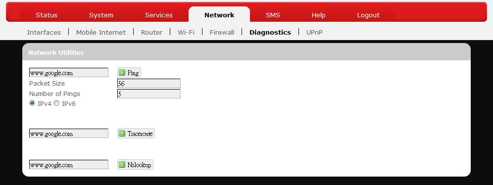 Diagnostics This menu contains tools for effective network analysis and troubleshooting. Network Utilities Ping This feature allows you to check the status of a connection. 1.