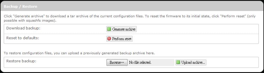Click the menu tabs System Backup / Flash Firmware and click, then follow instructions on the screen to save router settings as a TAR file at a desired location on your computer or mobile device.