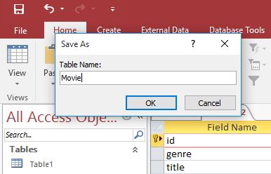 Field Name Data Type Description id AutoNumber Creates a hook into the table so that reviews can reference this movie via a foreign key. genre Short Text The movie genre such as drama, comedy, etc.
