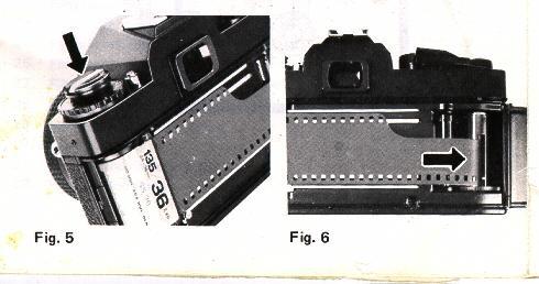 5. Draw the film leader across the camera back and insert it into one of the slits of Film Take-up Spool (32) (Fig. 6).