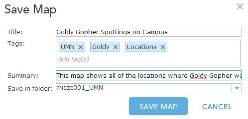 9. Click Save on the toolbar to title your map and save it to your account. You will need to enter in a title and tags. The map description is optional.