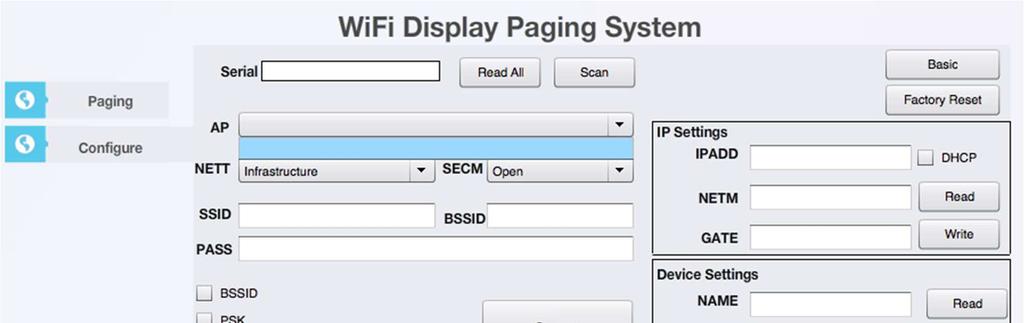 2.2 Wi-Fi Display Config Utility - Advanced Configuration Utility Setup 1) Power Disp 2) Open Prog 3) Find 4) Read All 5) Scan 6) Select AP 7) Password 8) [Connect] Summary The Advanced version of