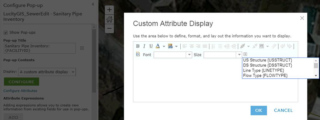 Click on Configure Popup for the layer and select a popup type of Custom Attribute Display Click Configure to open the