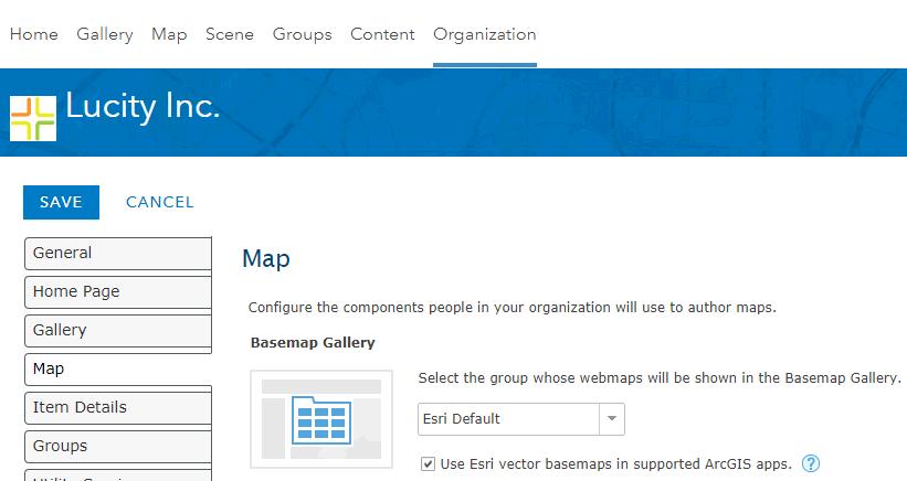 BaseMaps Lucity relies on the basemap gallery in portal to provide a list of available basemaps. The basemap gallery is configured on the map tab of the organizational settings.