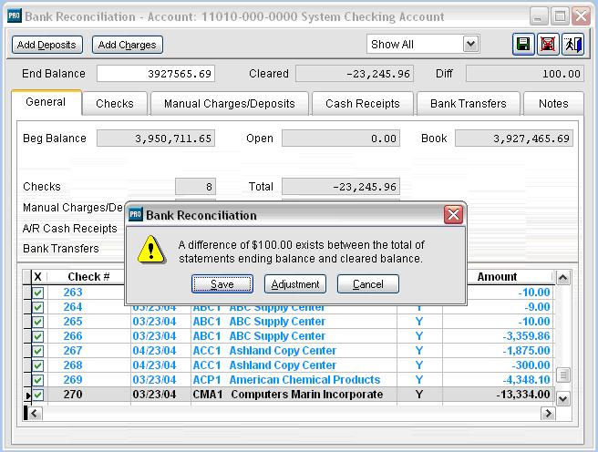 Figure 2 - Finalizing Bank Reconciliation Clicking Adjustment opens the Enter Manual Deposits or the Enter Manual Charges screen (depending on whether the adjustment is a positive or negative one if