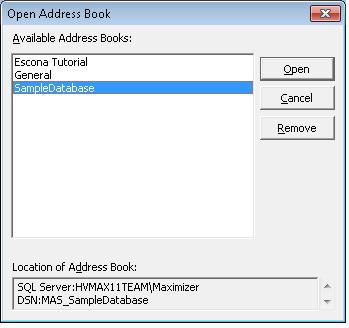 Now click the Maximizer button again and then click Open Address Book and you should see the newly connected Address Book in the list of available Address Books (see below), simply highlight it and