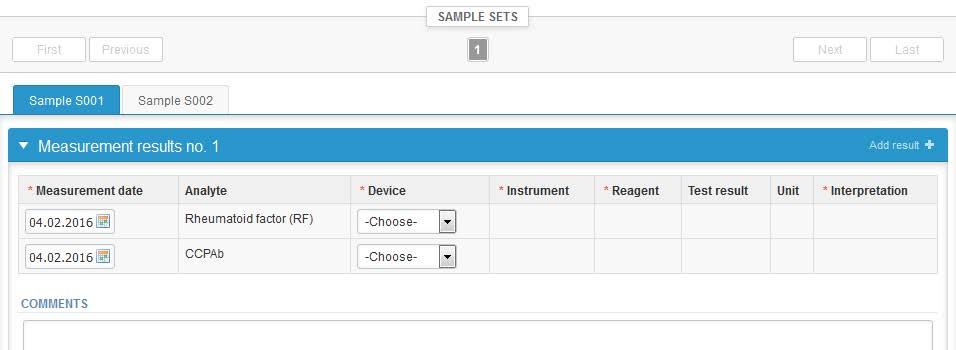 In Analytics the analyte-specific results can be filled If you have ordered multiple sample sets, the sets can be seen on the top of this view If the scheme has multiple samples, the samples are
