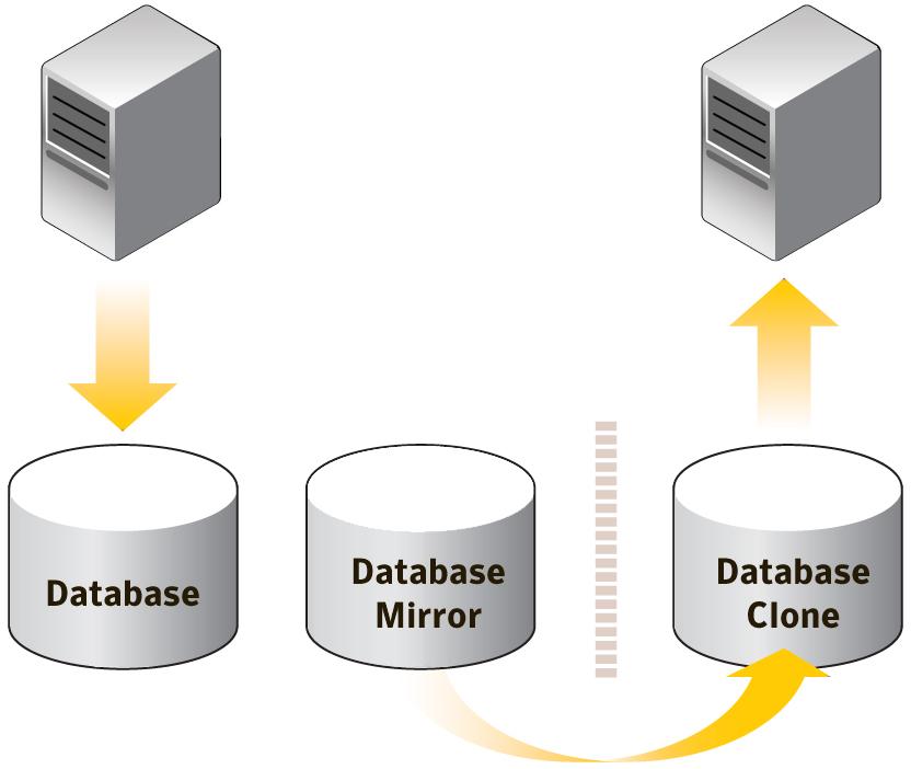 Figure 3. Migrating database snapshots to secondary servers Both require point-in-time images, which cannot be made while a database is being updated by business applications.