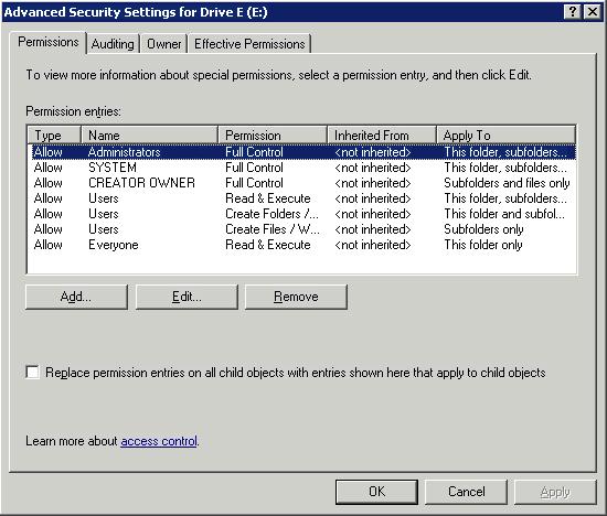 . 3. To modify ownership of files, or to modify individual file access level permissions, click Advanced. Figure 29 illustrates the properties available on the Advanced Security Settings dialog box.