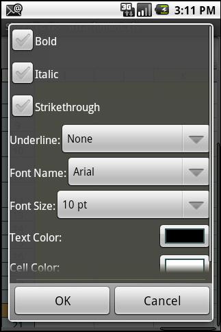 Cell formatting (Full Edition Only) Sheet To Go includes a number of options to change the visual effects shown in a cell. To apply cell formatting, select a cell(s) and press Menu Format Cell.