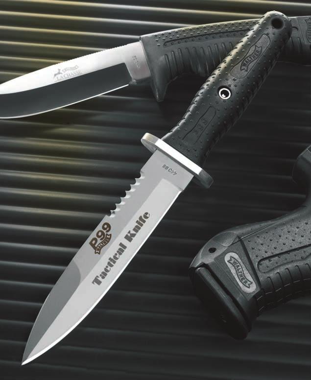 steel; serrations on the back of the blade; includes a Cordura
