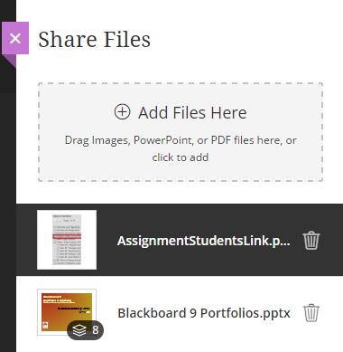 Compressed image files (.gif,.jpg/.jpeg, and.png only) The Share Files feature allows a Moderator to upload one or more files that persist within the conference room i.e., they remain available for the next session, unless the Moderator deletes them.