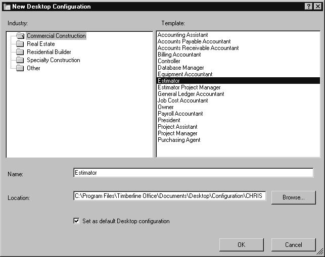 Sage Timberline Office Desktop Configurations A Sage Timberline Office Desktop configuration specifies your home page and favorites. You can create as many configurations as you want.
