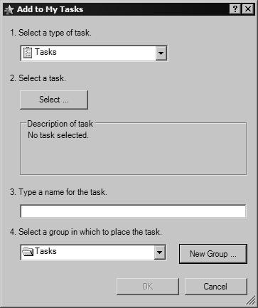Create My Tasks You can create a task with the Add to My Tasks command or by dragging an item from the Tasks pane to the My Tasks pane.
