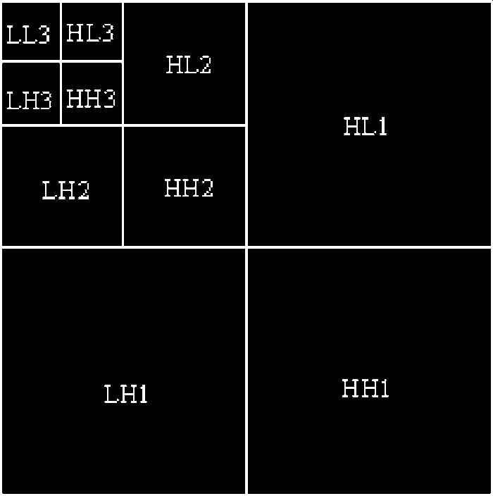 Fig. 3 Example of an image scrambled five times by torus automorphism. Fig. 1 Three-level wavelet decomposition of an image. bands LL3, LH3, HL3, and HH3.
