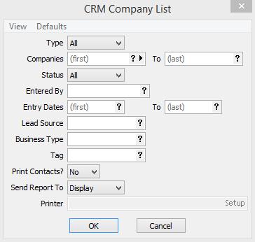 CRM 60 1.8 Company Listing 1.8.1 How Do I Run the Company Listing Report? Select CRM / Company Listing Type - Select a company type.
