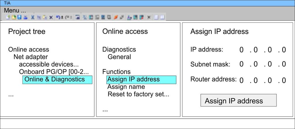 Configuration with TIA Portal VIPA System SLIO TIA Portal - Hardware configuration - Ethernet PG/OP channel Assign IP address parameters You get valid IP address parameters from your system