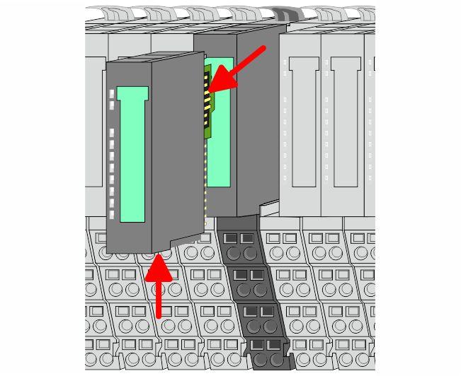 For installation plug the new electronic module guided by the strips at the lower side until this engages to the terminal module. ð Now you can bring your system back into operation.