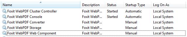 Figure 4-1 See Figure 4-2, there are five services of Foxit WebPDF Viewer listed for a cluster deployment and the two services have been started automatically.