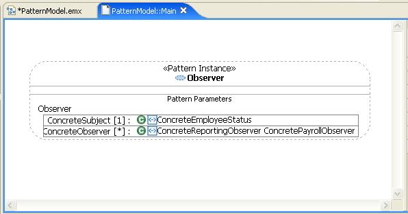 Apply a Design Pattern Figure 6: Observer pattern bindings 2. Alternatively, a pattern can be applied with existing classes: a. Add a new class to the Main diagram and name it ConcreteHRObserver. b. Drag and drop the ConcreteHRObserver on the Observer pattern's ConcreteObserver parameter asterisk.