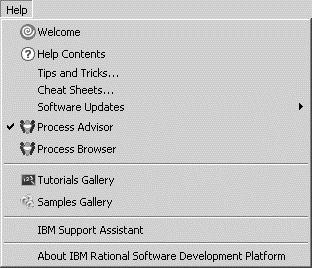 Getting Started With Rational Software Architect Help and Online Training Resources Help and Online Training Resources Help menu includes: Tips and Tricks Cheat Sheets Samples Galleries Help contents