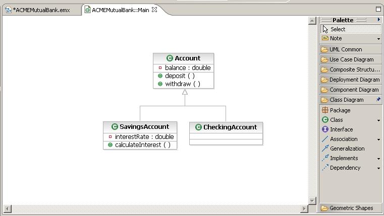 Getting Started with Rational Software Architect l. Add a new class to the Main diagram in the com.acmemutualbank package and name it CheckingAccount. m.