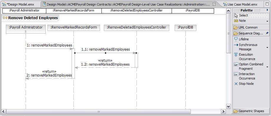 Creating UML Diagrams Figure 6: Messages created on sequence diagram 7. Add an Interaction Occurrence that references another sequence diagram: From the palette, click Interaction Occurrence.