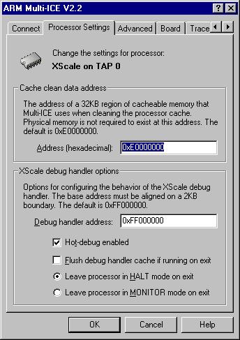 Debugging with Multi-ICE Figure 4-12 Multi-ICE Processor Settings tab showing XScale settings XScale debug handler options These settings, shown in Figure 4-12, configure the behavior of the debug