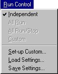 Using the Multi-ICE Server Figure 3-4 The Run Control menu The menu contains the following items: Independent All Run All Run/Stop Custom Set-up Custom... Load Settings... Save Settings.