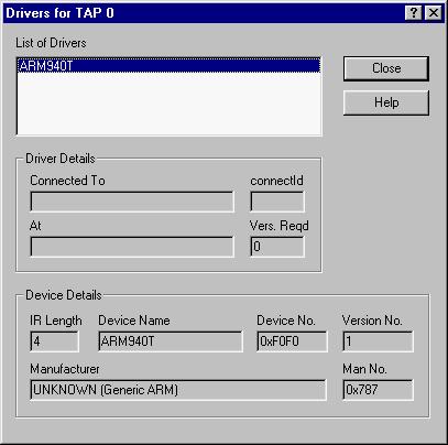 Using the Multi-ICE Server Figure 3-9 TAP driver status dialog Information about the device itself is available in the Device Details region of the dialog box.