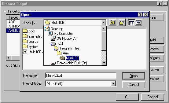 Debugging with Multi-ICE Figure 4-3 Selecting the Multi-ICE DLL using AXD Clicking on Open dismisses the dialog box.