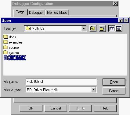 Navigate to the Multi-ICE install directory (for example, C:\Program Files\ARM\Multi-ICE). c. Find the file Multi-ICE.dll, and select it as shown in Figure 4-6. Click on the dialog Open button.
