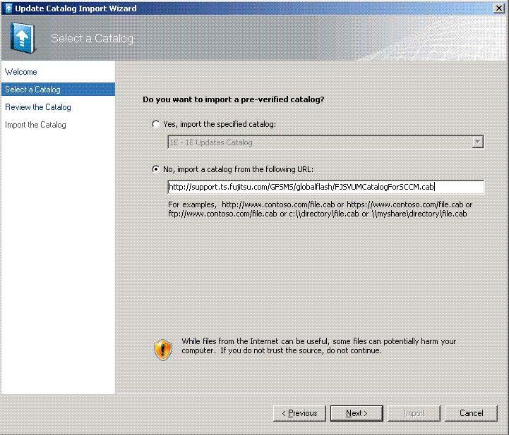 This task opens the Update Catalog Import Wizard with the Welcome step.