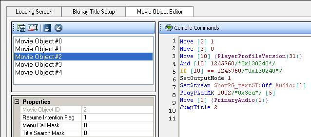 Next is movie object #2, the main movie. GPRMs [2] and [3] (Page and Button) are set so that button 0 on page 1 is selected when the user presses the top menu button.