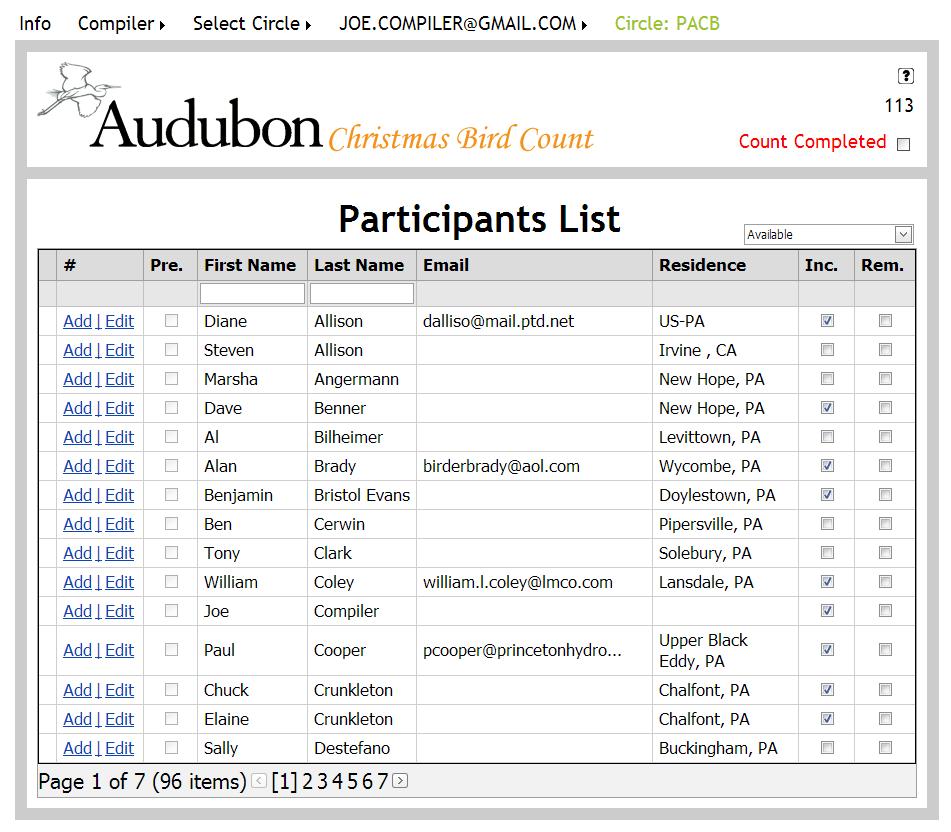 8. Participants List By clicking on the Participants item on the compiler s menu you will get a display of all of the participants previously associated with your circle.