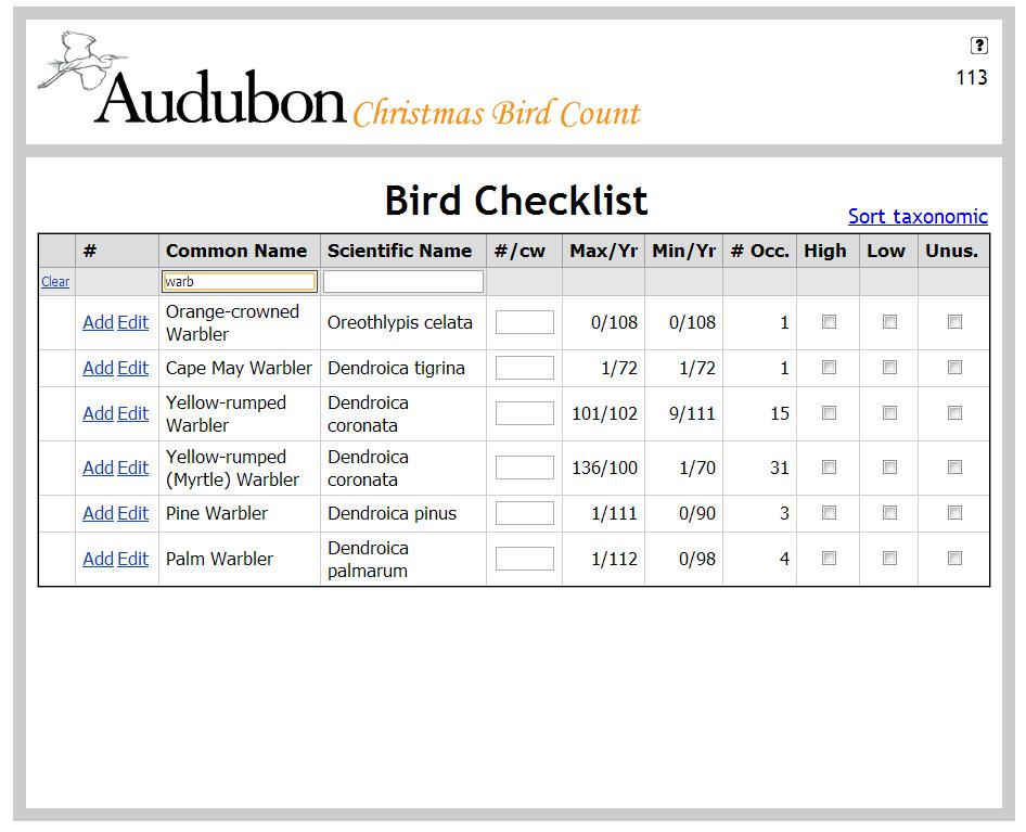 Enter bird name to search on here The count numbers will save automatically when you hit enter or move to another species on your checklist.