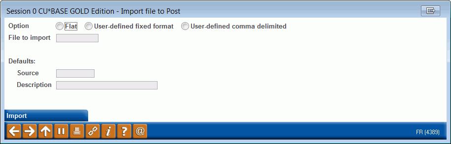 Select the Type of file (ACH, Flat, User defined fixed format, or User defined comma delimited. Enter the GLIMPORT in the File to Import field.