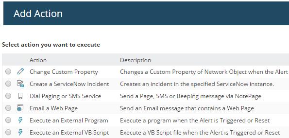 A complete list of alert actions is available on the Add Action dialog box that you see when you configure an alert.