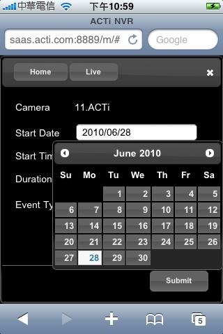 Search Panel Fig. 21 Search Panel 1. Camera The service allow users to search playback from a single channel. 2. Start Date To select a date. 3. Start Time To define the start time. 4.