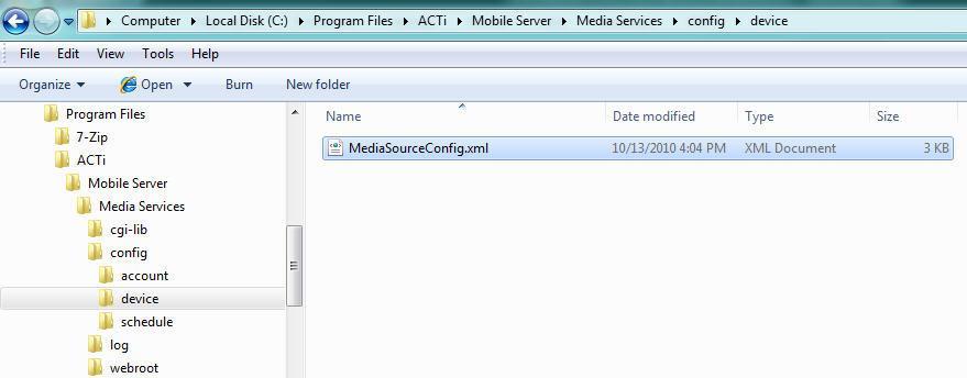 Step2: Please go to Media Server folder C:\Program Files\ACTi\Mobile Server\Media Services\config\device\, and open MediaSourceConfig.xml file with Notepad.