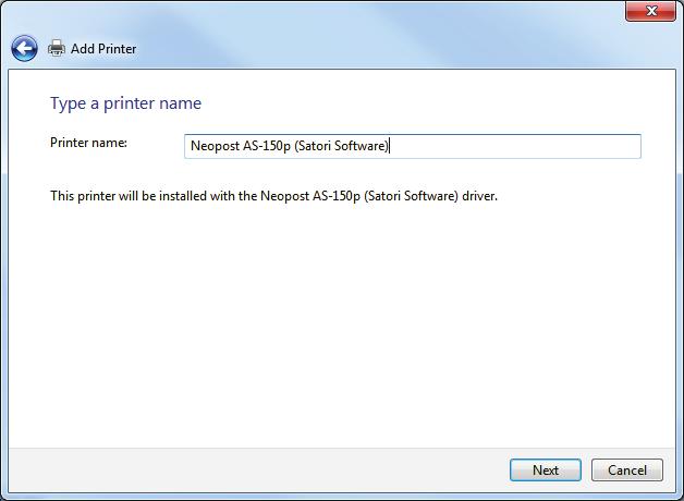 Printer sharing window opens. Select your sharing choice. Click Next>. 8. You have successfully added Neopost AS-150p (Satori Software) window opens.