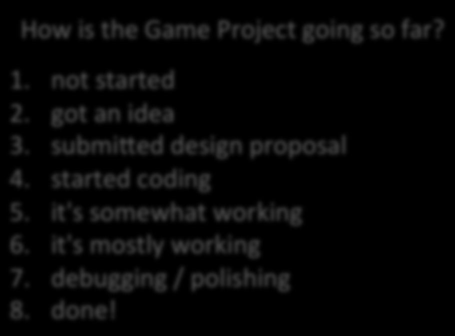 How is the Game Project going so far? 1. not started 2. got an idea 3. submibed design proposal 4.